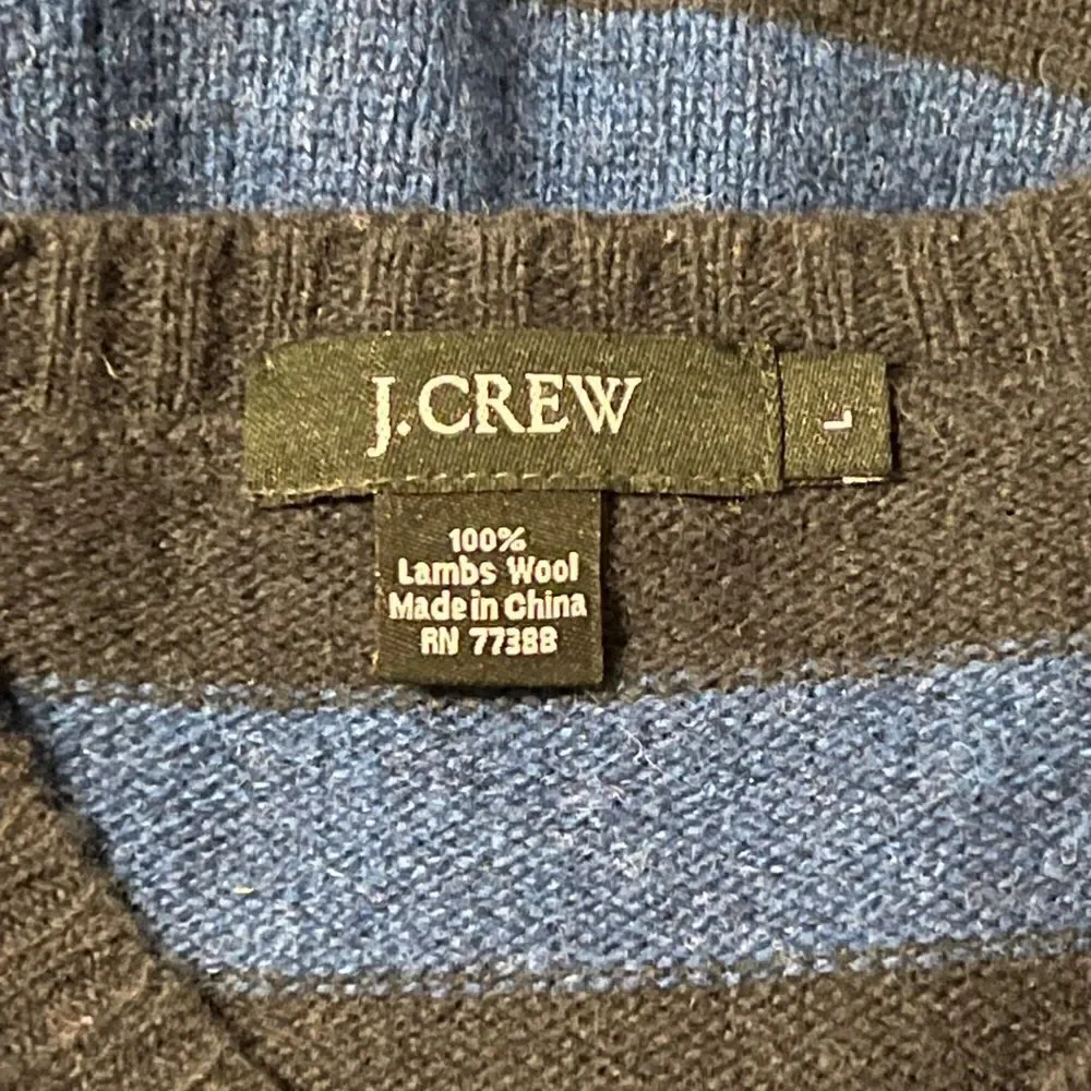 J. Crew Mens Lambs Wool Sweater Blue Green Striped Tight Knit Large EUC